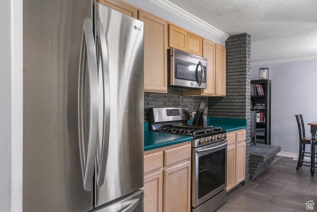 498 E 3000 N, North Ogden, UT 84414 - kitchen with light brown cabinetry, stainless steel appliances, ornamental molding, decorative backsplash, and a textured ceiling