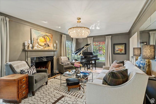 1904 E Yalecrest Ave S, Salt Lake City, UT 84108 - living room featuring a high end fireplace, wood finished floors, crown molding, and an inviting chandelier