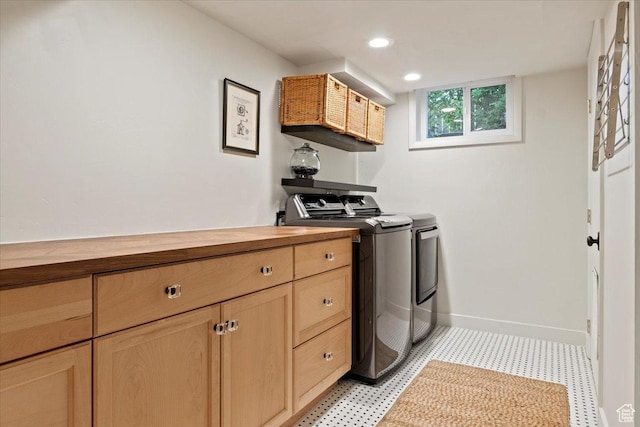 1904 E Yalecrest Ave S, Salt Lake City, UT 84108 - kitchen featuring baseboards, recessed lighting, butcher block countertops, light floors, and washer and dryer