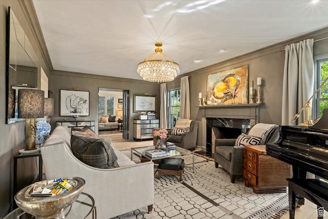 1904 E Yalecrest Ave S, Salt Lake City, UT 84108 - living room with a premium fireplace, crown molding, a chandelier, and plenty of natural light