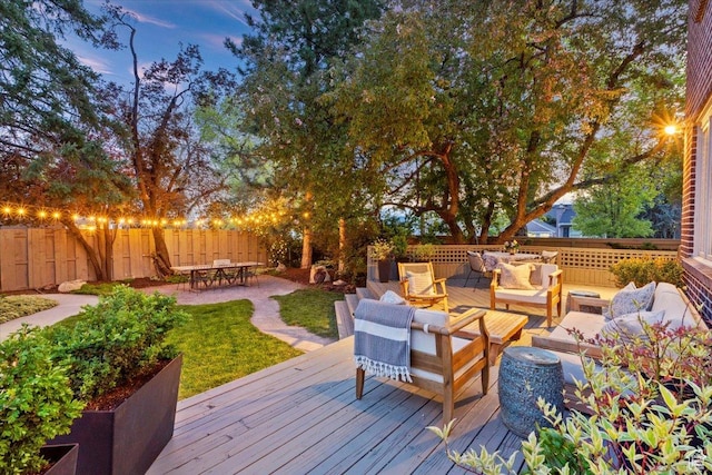 1904 E Yalecrest Ave S, Salt Lake City, UT 84108 - wooden terrace featuring outdoor lounge area, outdoor dining space, and a fenced backyard