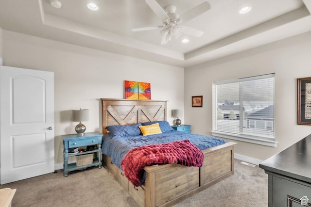 1153 E 2850 N, North Ogden, UT 84414 - bedroom with a ceiling fan, a tray ceiling, light colored carpet, baseboards, and recessed lighting
