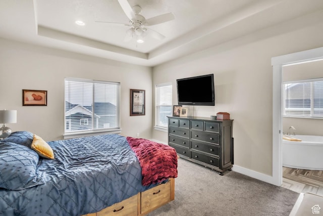 1153 E 2850 N, North Ogden, UT 84414 - bedroom featuring a ceiling fan, baseboards, ensuite bathroom, and a raised ceiling