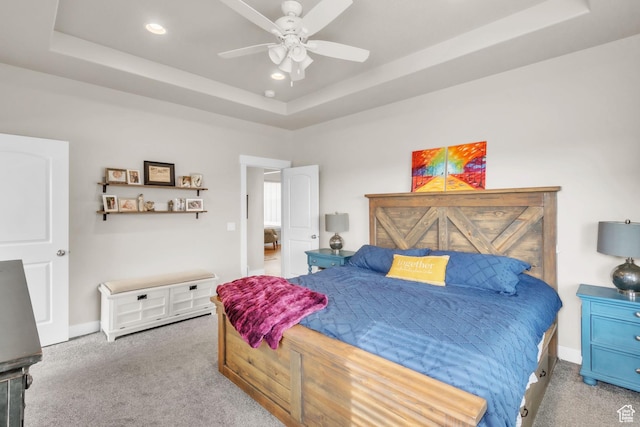 1153 E 2850 N, North Ogden, UT 84414 - carpeted bedroom with baseboards, a tray ceiling, recessed lighting, and ceiling fan