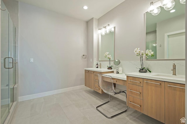 801 E Klaim Dr N, Hideout, UT 84036 - full bathroom with a stall shower, two vanities, baseboards, and recessed lighting