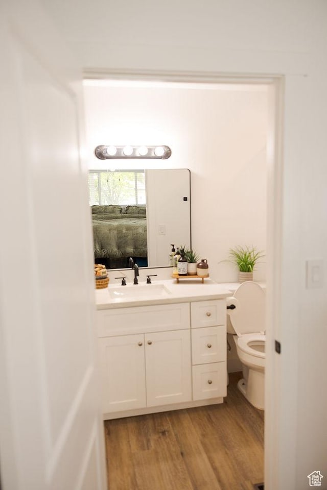 bathroom with connected bathroom, toilet, vanity, and wood finished floors