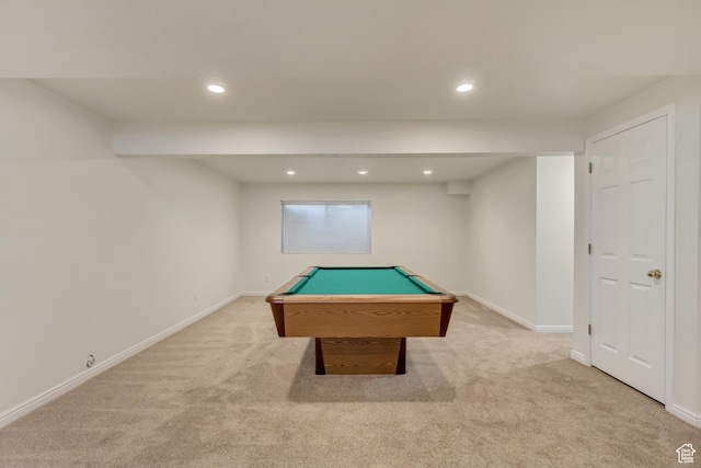 recreation room with light colored carpet, baseboards, billiards, and recessed lighting