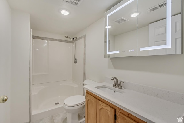 full bathroom with walk in shower, visible vents, and toilet