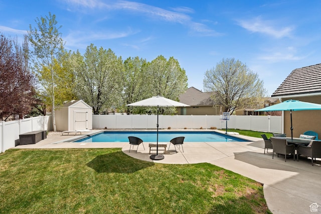 322 Flour Mill Dr, Kaysville, UT 84037 - view of pool featuring a lawn, a fenced backyard, a storage shed, and a patio