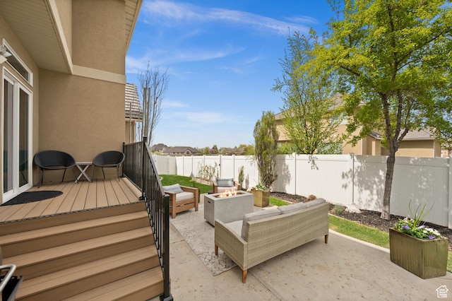 322 Flour Mill Dr, Kaysville, UT 84037 - view of patio / terrace with a fire pit, a deck, and a fenced backyard