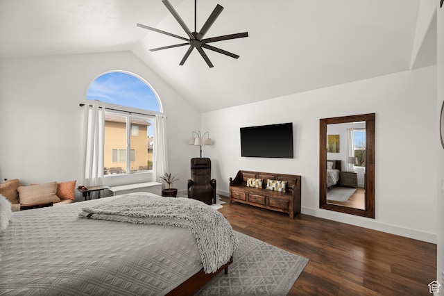 322 Flour Mill Dr, Kaysville, UT 84037 - bedroom with high vaulted ceiling, wood finished floors, baseboards, and ceiling fan