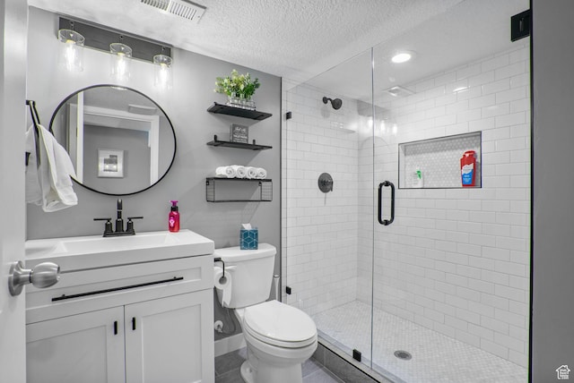 13137 S Acklins Dr, Herriman, UT 84096 - full bathroom with a textured ceiling, a stall shower, vanity, toilet, and visible vents