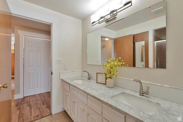 bathroom featuring a shower with shower door, double vanity, visible vents, and a sink