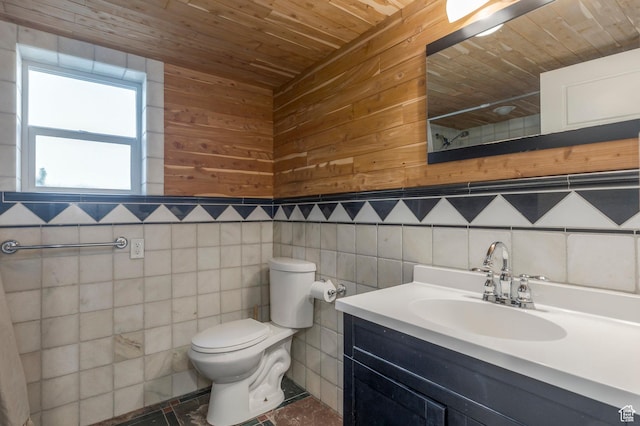 full bath featuring tile walls, wooden ceiling, vanity, and toilet