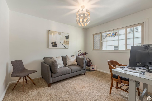 office with light carpet, an inviting chandelier, and baseboards