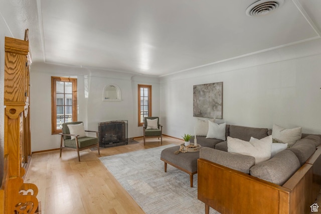 living area featuring visible vents and light wood finished floors