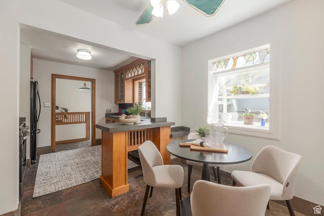 dining space with stone finish flooring, baseboards, and a ceiling fan