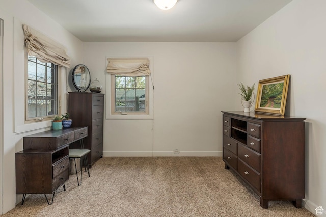 interior space featuring a healthy amount of sunlight, baseboards, and light carpet