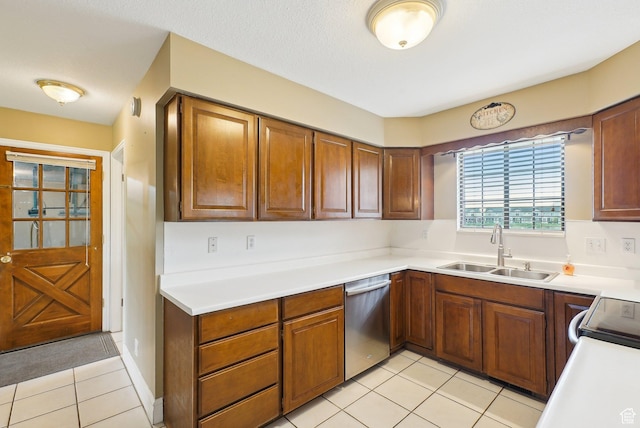 107 Country Club Dr, Stansbury Park, UT 84074 - kitchen featuring a sink, light countertops, brown cabinetry, light tile patterned floors, and stainless steel dishwasher