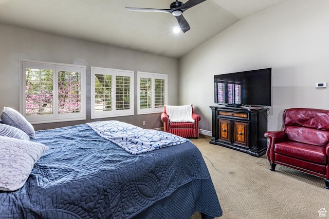 6061 S Bridges Ln, Murray, UT 84121 - bedroom with vaulted ceiling, carpet flooring, a ceiling fan, and multiple windows