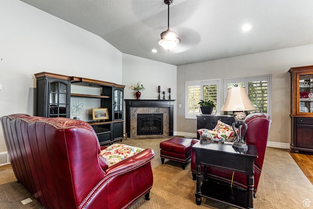 6061 S Bridges Ln, Murray, UT 84121 - carpeted living room featuring recessed lighting, ceiling fan, baseboards, and a tiled fireplace