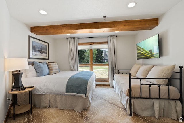 bedroom featuring recessed lighting and beam ceiling