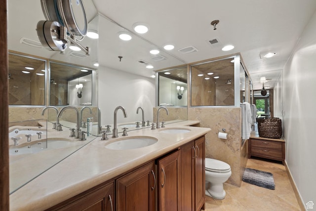 full bath featuring tile patterned flooring, visible vents, a sink, and double vanity