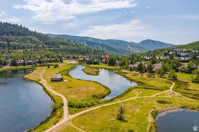 birds eye view of property with a water and mountain view