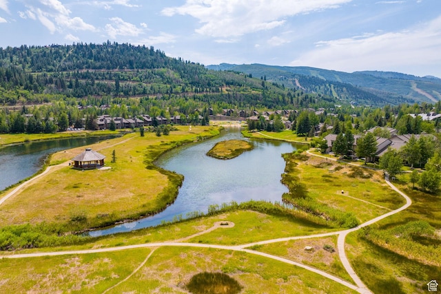aerial view featuring a water and mountain view