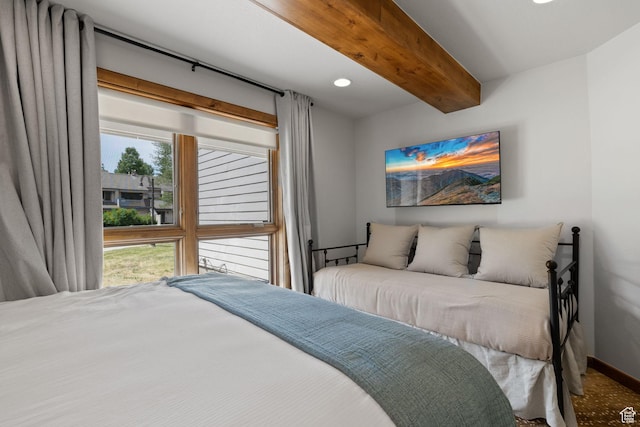bedroom with baseboards, beam ceiling, and recessed lighting