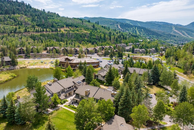 drone / aerial view with a residential view, a view of trees, and a water and mountain view