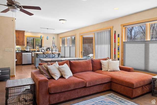 674 E Dragon Fly Trl, Moab, UT 84532 - living room featuring a ceiling fan, recessed lighting, and light tile patterned floors