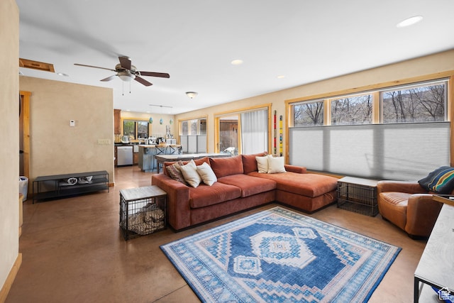 674 E Dragon Fly Trl, Moab, UT 84532 - living room featuring recessed lighting, plenty of natural light, a ceiling fan, and finished concrete floors