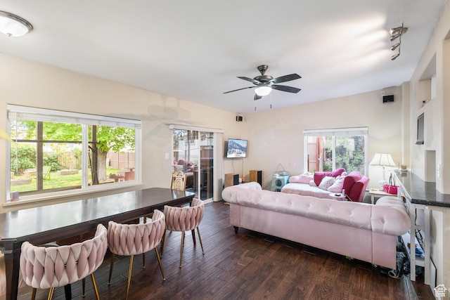 living area with plenty of natural light, a ceiling fan, and dark wood-style flooring