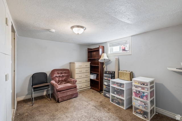 living area featuring carpet floors, baseboards, and a textured ceiling