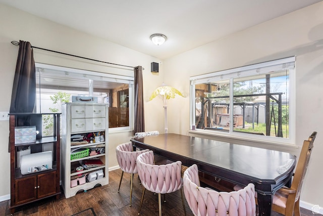 dining space with dark wood finished floors, a healthy amount of sunlight, and baseboards