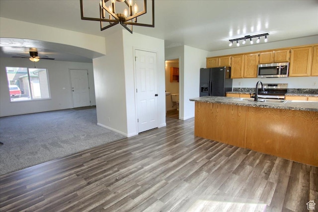 691 N Gramercy Ave, Ogden, UT 84404 - kitchen featuring wood finished floors, a sink, ceiling fan with notable chandelier, open floor plan, and appliances with stainless steel finishes