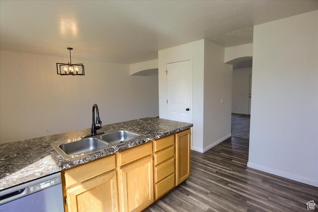 691 N Gramercy Ave, Ogden, UT 84404 - kitchen with dark wood-style floors, a sink, arched walkways, a notable chandelier, and dishwasher