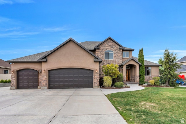 view of front facade with concrete driveway, stucco siding, stone siding, a front yard, and a garage