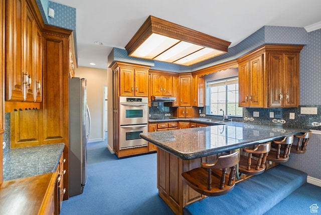 kitchen featuring carpet flooring, appliances with stainless steel finishes, under cabinet range hood, and a sink