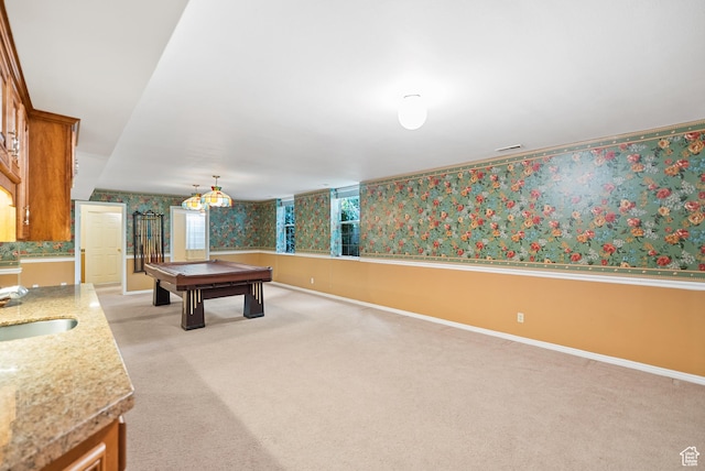 game room with a sink, wallpapered walls, billiards, light carpet, and baseboards
