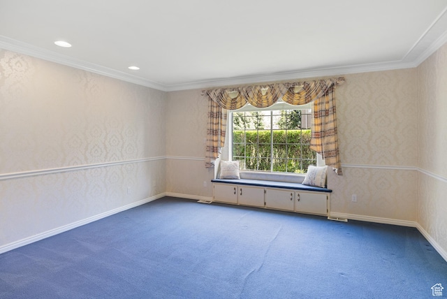 carpeted spare room with recessed lighting, wallpapered walls, baseboards, and ornamental molding