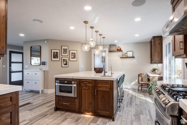 1045 E Claremont Dr S, Bountiful, UT 84010 - kitchen with light wood-style floors, a sink, range hood, and stainless steel appliances
