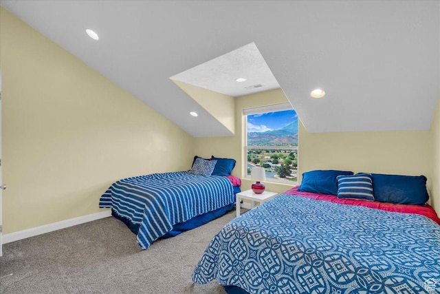 458 E Homespun Cir, Leeds, UT 84746 - bedroom featuring baseboards, carpet, recessed lighting, visible vents, and lofted ceiling