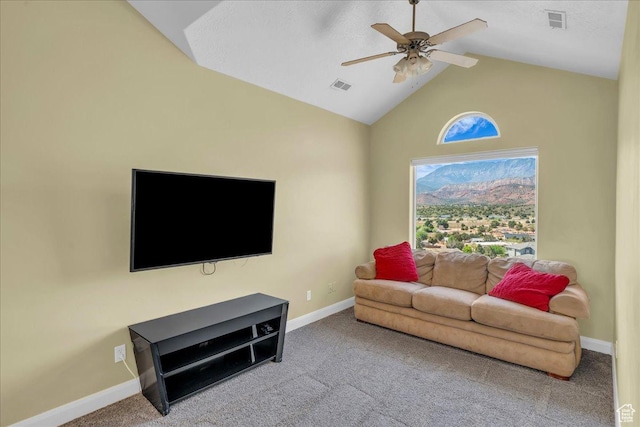 458 E Homespun Cir, Leeds, UT 84746 - carpeted living room with high vaulted ceiling, baseboards, a ceiling fan, and visible vents