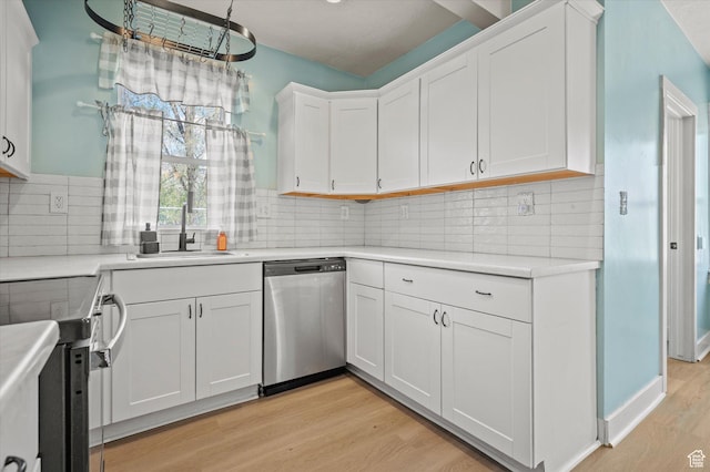 204 S 500 E, Ogden, UT 84404 - kitchen featuring light wood-type flooring, backsplash, white cabinetry, light countertops, and appliances with stainless steel finishes