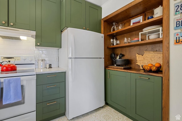 3512 S 300 E Unit P, Salt Lake City, UT 84115 - kitchen featuring green cabinetry, under cabinet range hood, tasteful backsplash, and white appliances