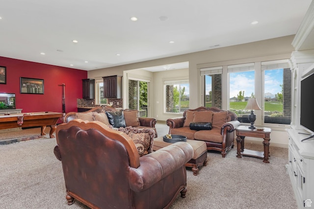 living area featuring recessed lighting, baseboards, light colored carpet, and billiards