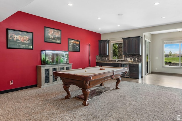 recreation room featuring baseboards, pool table, recessed lighting, and an accent wall