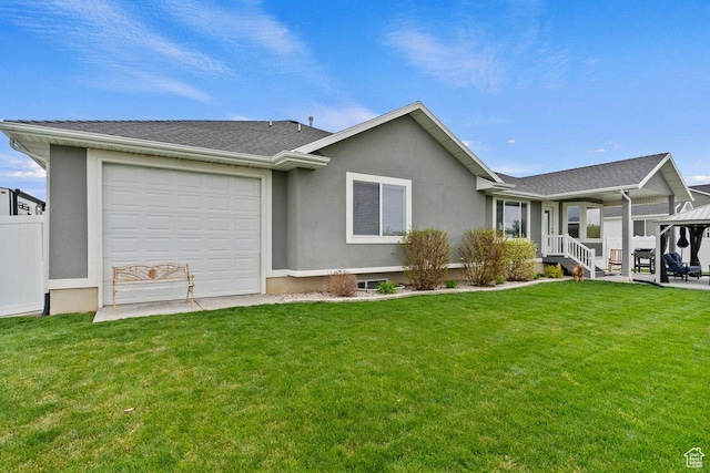 1795 N 4475 W, Plain City, UT 84404 - rear view of property featuring a shingled roof, a yard, stucco siding, an attached garage, and a gazebo